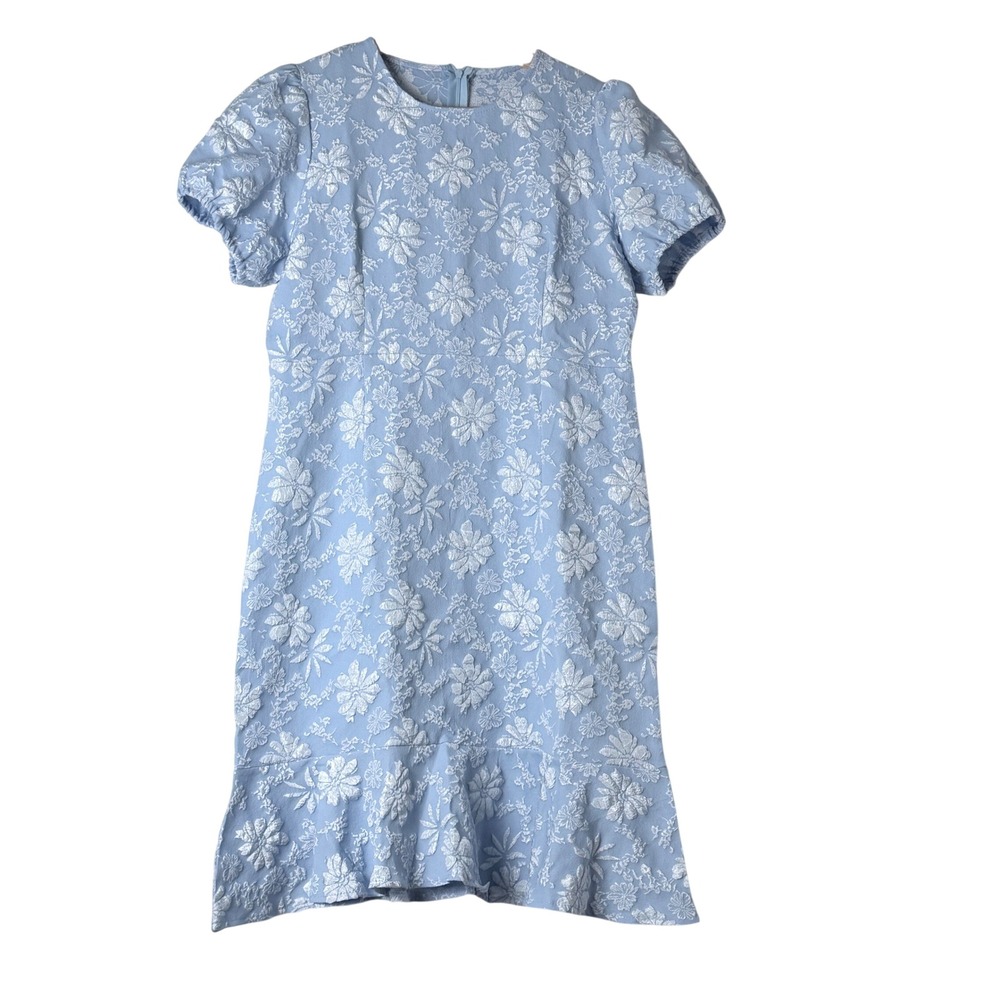 Floral Jacquard Dress Women Large Blue‎ Puff Sleeve Ruffle Cottagecore Pastel